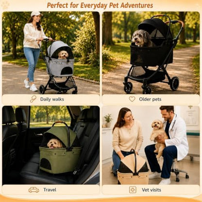 Pet Stroller with Detachable Carrier, Foldable Dog & Cat Stroller