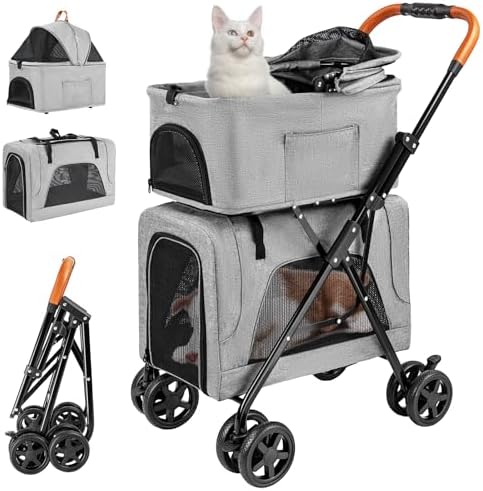 Double Cat Stroller for 2 Cats or Dogs, Detachable Carriers, Gray