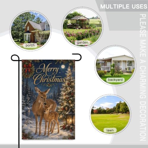 Merry Christmas Garden Flag 12x18 Inch Doe Fawn Lighted Tree Moonlit Forest Lantern Rustic Winter Outdoor Yard Lawn Front Porch Welcome Double Sided Banner Decor Gift