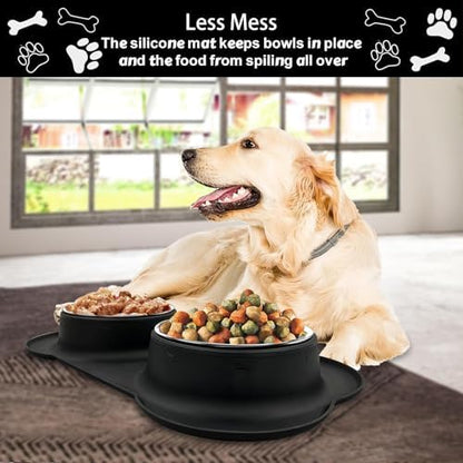 AsFrost Dog Food Bowls Stainless Steel Dog Bowls, Dog Food and Water Bowl Set with No Spill Non-Skid Silicone Mat, Dog Dishes for Small Medium Large Sized Dogs Pet Cat Food Bowls, 6 Cup, Black