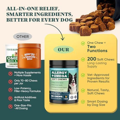 Dog Allergy Chews Omega 3 is Human,Itch Relief Multivitamin Medicine for Dogs Itching Skin Relief and Aller Immune Pet Allergy Dog Anti Itch Chews Pills Meds Medicine for Dogs Chicken Flavor