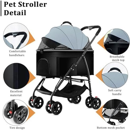 3 in 1 Pet Stroller for Dogs Cats Foldable Jogger with Detachable Carrier
