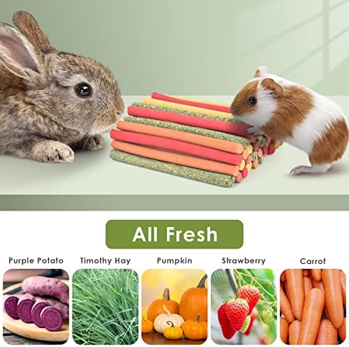 ERKOON 40Pcs Rabbit Timothy Hay Sticks, Five Flavors：PurplePotato/TimothyHay/Pumpkin/Strawberry/Carrot，Suitable Guinea Pig, Hamste, Gerbil, Chinchilla Treats, Chew Toys for Teeth for Bunnies