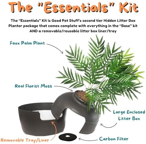 Good Pet Stuff Original Hidden Litter Box Planter, Decorative Cat Litter Enclosure, Carbon Filter, Faux Plant, Easy to Clean, Round Design, Removable Tray, Essentials Kit, Palm Plant, Charcoal Black