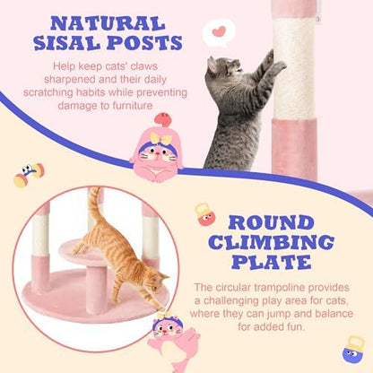 Allewie 55.5 in Cat Tree for Indoor Kitties/Soft Plush Perches/Multi-Level Cat Tower/Sisal Scratching Posts/Crescent Plates/Round Jumping Board/Hanging Ball/Pet Activity Center/Pink