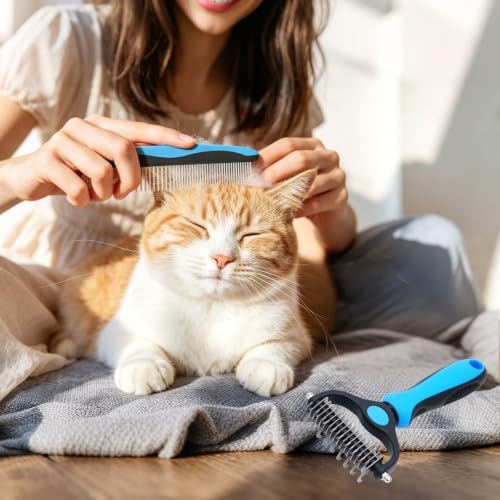 Pet Grooming Rake for Dogs & Cats - Double-Sided Deshedding and Dematting Tool, Gently Remove 95% of Loose Undercoat & Mats for Long-Haired Pets, Painless Fur Brush for Shedding Control (Blue+Comb)