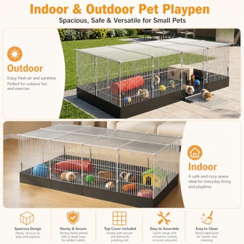 20 Planes Guinea Pig Cages Enclosed Hamster Cage with Transparent Top & Waterproof Liner, Expandable Cage for Guinea Pigs, Metal Wire Yard Fence Rabbit Cage