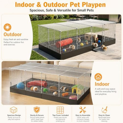 20 Planes Guinea Pig Cages Enclosed Hamster Cage with Transparent Top & Waterproof Liner, Expandable Cage for Guinea Pigs, Metal Wire Yard Fence Rabbit Cage