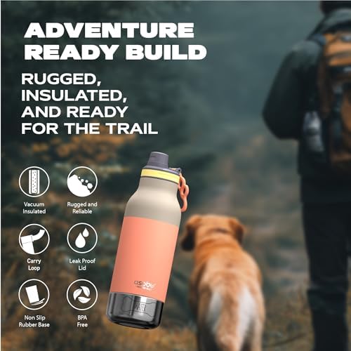 asobu Barky Bottle a Stainless Steel Insulated Water Bottle for with Removable Dog Water Bowl and Dog Food and Treat Storage Bowl (Pastel Peach, 34 Oz)