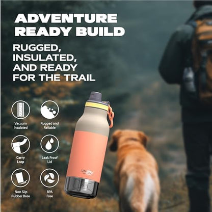 asobu Barky Bottle a Stainless Steel Insulated Water Bottle for with Removable Dog Water Bowl and Dog Food and Treat Storage Bowl (Pastel Peach, 34 Oz)