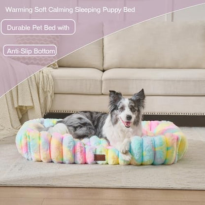 Luxury Dog Beds,Large Sized Dog Washable Furry Pet Beds,Comfort Rectangle Pet Sofa Couch with Ultra,Puppy Beds with Removable Zipper Cover,30x25x7.5inches,Rainbow