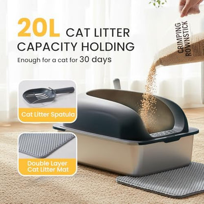 HealSmart Stainless Steel XL Cat Litter Box, Extra Large Cat Litter Box with Lid, High Sided Metal Litter Tray for Big Cats, Anti-Urine Leakage Non-Stick Easy Clean, Dark Gray