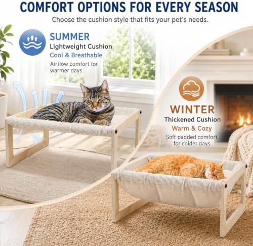 Elevated Cat Bed, Wooden Cat Hammock with Washable Thickened Cozy Cushion