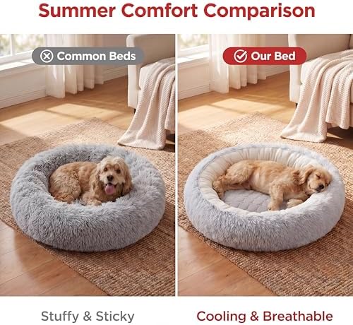 2-in-1 Convertible Cat & Dog Bed Cave with Removable Zipper Hood, Converts to Calming Donut Bed, Reversible Plush & Cooling Ice Silk Cushion (Grey, 19.7 in Small Size)