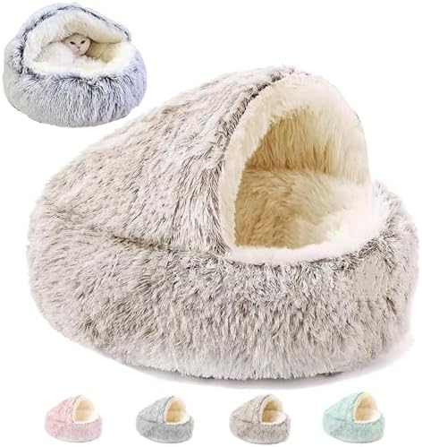 Keep Warm Lapcatz Nest Bed, Cat Bed Round Fluffy Hooded Cat Bed Cave, Anti-Slip Bottom and Machine Washable,Removable Washable Round Beds for Small Medium Pets (Coffee,Medium)