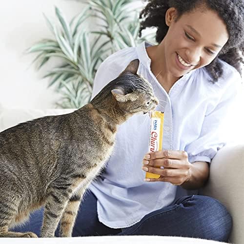 INABA Churu Cat Treats, Grain-Free, Lickable, Squeezable Creamy Purée Cat Treat/Topper with Vitamin E & Taurine, 0.5 Ounces Each Tube, 12 Tubes (4 per Pack), Chicken with Cheese Recipe