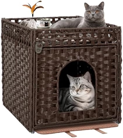 Handwoven Rattan Cat Litter Box Enclosure Furniture - Hidden Cabinet with Odor-Control Mat, Anti-Spill Fence & Secure S-Hooks for Living Room/Bedroom, 18.2"x18.2"x24.5" (Brown)