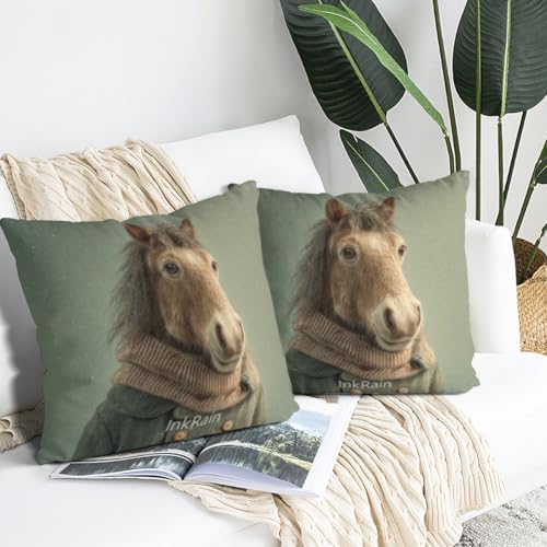 InkRain Winter Animal Cute Horse Pillow Cover 16x16 Inch Set of 2 Home Decor Decorative Cotton Linen Illustration Pillowcases for Living Room House Sofa