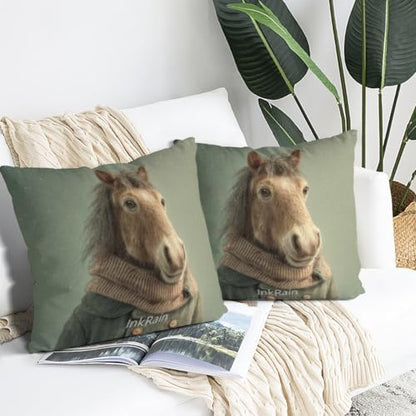 InkRain Winter Animal Cute Horse Pillow Cover 26x26 Inch Set of 2 Home Decor Decorative Cotton Linen Illustration Pillowcases for Living Room House Sofa