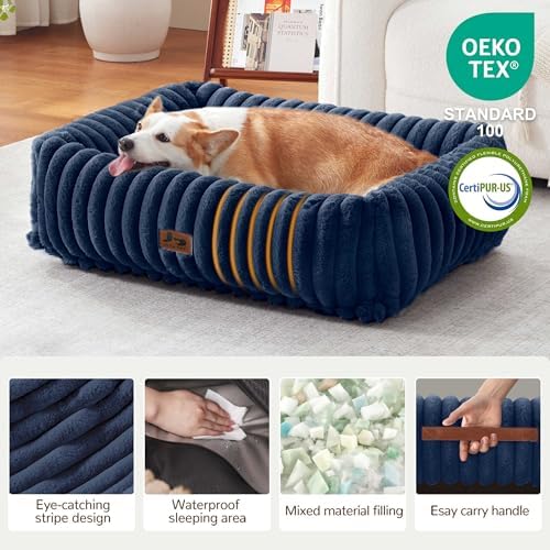 Dog Bed Medium Size Dog, Rectangle Orthopedic Pet Bed for Car and Indoor, Comfort Fluffy Memory Foam Dog Beds with Anti-Slip Bottom,30 x24 x9 Inches,Navy