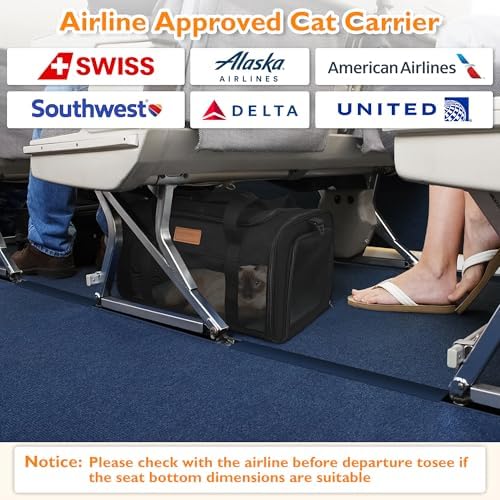 PETUX Airline Approved Pet Carrier - 17x11x9.5 in, Underseat, Top & Side Entry, Soft Sided Cat Carrier for Small Cat Up to 12 lbs with Anti-Scratch Mesh & Litter Box for Travel & Vet - Black