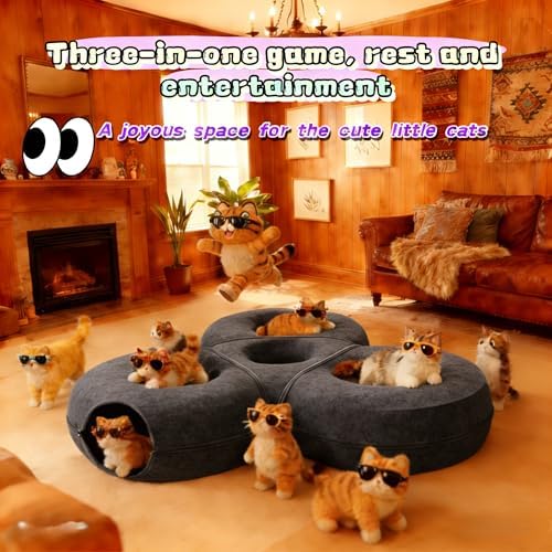 4-in-1 Large Cat Tunnel Bed for Multiple Large Cats, Scratch Resistant Donut & Detachable & Washable Donut Cat Bed,Up to 45 Lbs (L 40x40x11,Charcoal Gray),Bonus Pet Hair Remover Included