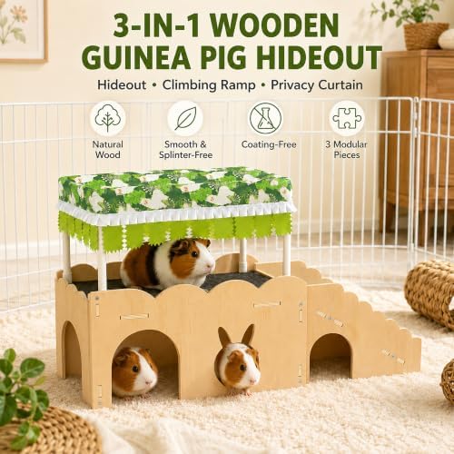 3-in-1 Guinea Pig Hideout Bottomless with Ramp Wood Guinea Pig Accessories
