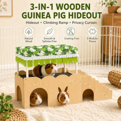 3-in-1 Guinea Pig Hideout Bottomless with Ramp Wood Guinea Pig Accessories
