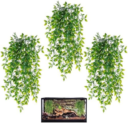 HERCOCCI Reptile Plants, 3 Pack Terrarium Hanging Plants Vines Artificial Leaves Habitat Decorations with Suction Cup for Bearded Dragon Hermit Crab Lizard Snake Geckos Chameleon