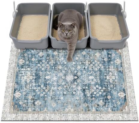 Cat Litter Mat Litter Trapping Mat, 40"x30" Waterproof Urine Proof Litter Box Mat Catcher Mat Non-Slip Washable for Kitty Kitten, Blue