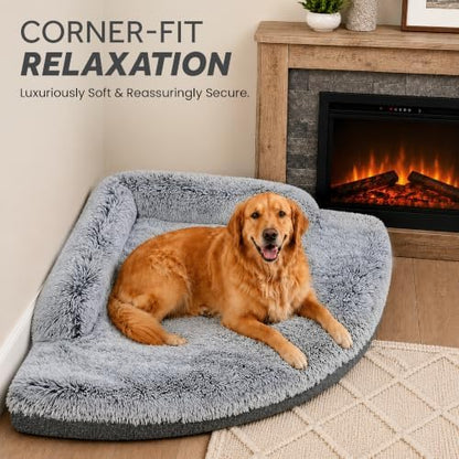 Corner Dog Bed XL, 42" Calming Fluffy Orthopedic Pet Beds, Grey