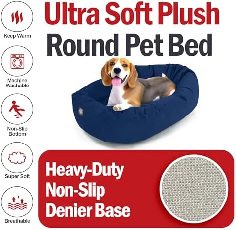 Majestic Pet 32 Inch Suede Calming Dog Bed Washable – Cozy Soft Round Dog Bed with Spine Support for Dogs to Rest Their Head - Fluffy Donut Dog Bed 32x23x7 (Inch) - Round Pet Bed Medium – Navy (2025)