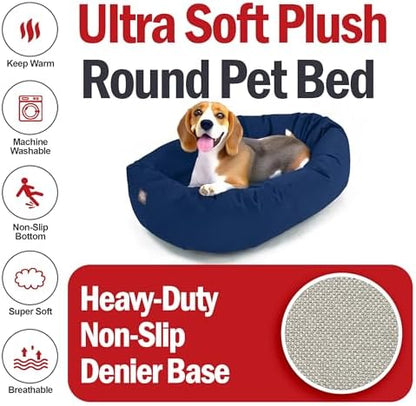 Majestic Pet 32 Inch Suede Calming Dog Bed Washable – Cozy Soft Round Dog Bed with Spine Support for Dogs to Rest Their Head - Fluffy Donut Dog Bed 32x23x7 (Inch) - Round Pet Bed Medium – Navy (2025)