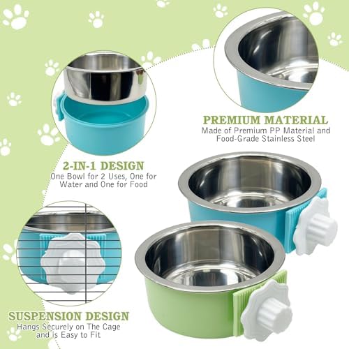 Tfwadmx 4 Pcs Crate Dog Bowl Cat Removable Stainless Steel Food and Water Feeder Hanging Cage Bowls Coop Cup with Cleaning Set for Pet Puppy Bird Rat Guinea Pig Ferret Bunny Rabbit (Light Blue&Green)