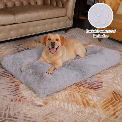 Bedfolks Waterproof Dog Crate Bed, Plush Dog Pad, 47"x29", Solid Light Grey