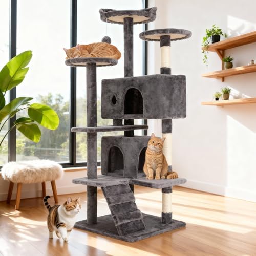 BestOffice 54 Inch Cat Tree, Multi-Level Cat Tower with Condo, Perches, Sisal Scratching Posts, Climbing Ladder,Indoor Activity Center Play House for Kittens & Adult Cats,Light Gray