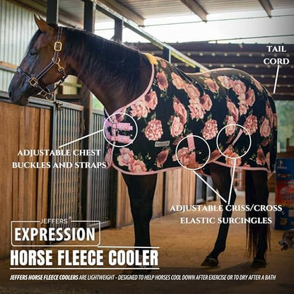 Jeffers Expression Fleece Cooler for Horses, Standard Neck, Rose Garden 84"- Equine Towel Blanket, Moisture Absorbent, Light Weight, Best for Drying, Exercise, Bathing, Adjustable Belly Bands