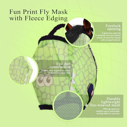 Harrison Howard All Round Mesh Horse Fly Mask UV Protective with Fleece Padded Edging and Fun Prints Forelock Opening Design Mask for Horse Crocodile Large