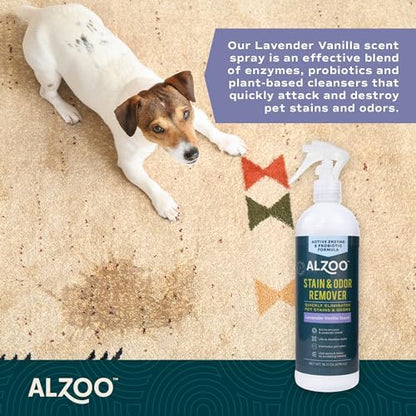 ALZOO Pet Stain & Odor Remover Spray for Dog & Cat Urine, Carpet, Furniture & Floors | Active Enzyme & Probiotic Formula | Lavender Vanilla Scent | Made in USA | 16 oz