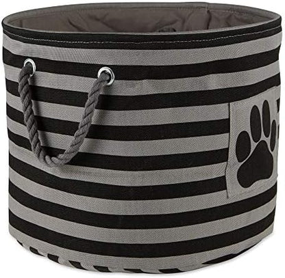 Bone Dry Pet Storage Collection Striped Paw Patch Bin, Black, Small Round