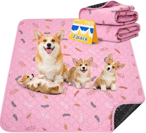 Sunheir Washable Pee Pads for Dogs 2-Pack Reusable Puppy Pads Pet Training Pads, Waterproof Dog Pee Pads for Crate, Whelping Pad, Non-Slip Protects Against Urine Leakage (Leaves - Pink, 31x36)