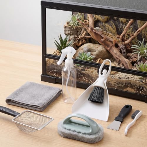 7-in-1 Reptile Tank Cleaning Kit, Complete Terrarium Enclosure Tool Set with Mini Dustpan, Brush, Scraper, Sand Sifter, Spray Pot, Cloth & Sponge, Bearded Dragon Accessories