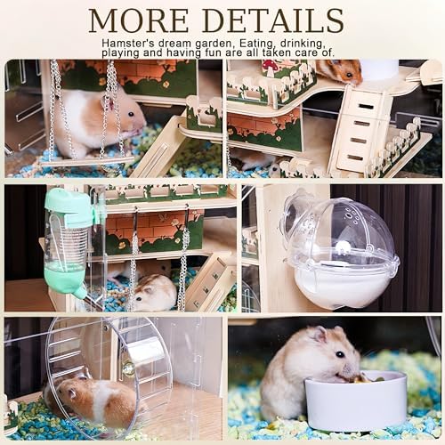 12 in 1 Large Wooden Hamster Cage with All Accessories, 24"*15.8"*15.8" 3-Layer Dwarf Hamster Cage Acrylic,Pastoral Style Mouse Cage for Pet Mice, Hedgehog, with Stairs, Fences and House