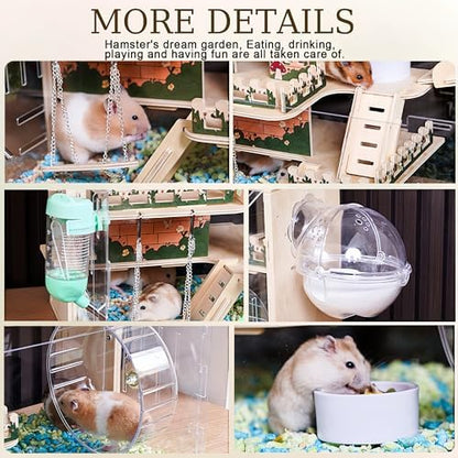 12 in 1 Large Wooden Hamster Cage with All Accessories, 24"*15.8"*15.8" 3-Layer Dwarf Hamster Cage Acrylic,Pastoral Style Mouse Cage for Pet Mice, Hedgehog, with Stairs, Fences and House
