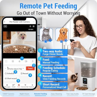 Frienhund Automatic Cat Feeder with Camera: 5G WiFi Automatic Dog Feeder with Night Vision, 7L Auto Cat Food Dispenser with 1080P Camera for Multiple Pet, Detachable for Easy Clean -29 Cup (ACF100W-B)