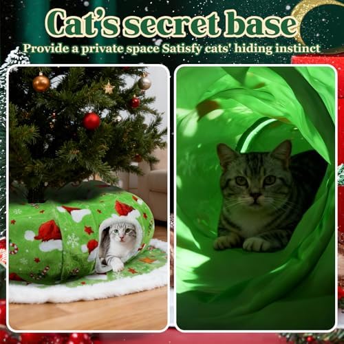 Christmas Cat Tunnel Tree Skirt – Warm Flannel Donut Tunnel Bed with Soft Cushion & Hanging Ball Toy, Peekaboo Cat Cave Under Tree for Indoor Cats to Prevent Christmas Tree Falling, Festive Green