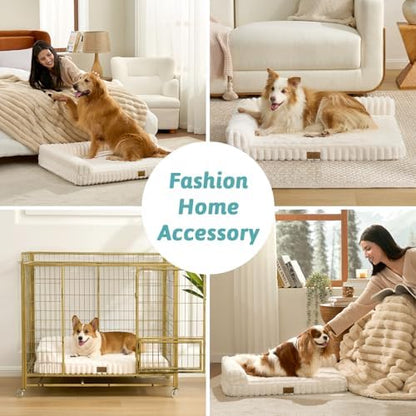 COZY KISS Faux Rabbit Fur Extra Large Dog Bed – 48"x35" Orthopedic Foam Couch with Sides, Removable Washable Cover & Waterproof Lining, Cream