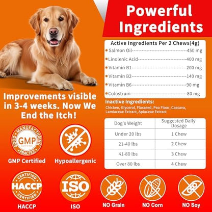 Dog Allergy & Itch Relief Chews - Salmon Oil Omega-3, Omega-6, Vitamin B1/B2/B6, Colostrum Probiotics Supplement for Seasonal Allergy, Hot Spots, Paw Licking, Scratching, 98 Soft Chews