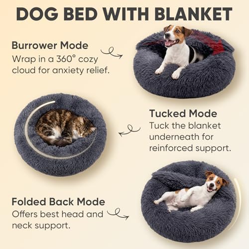 Himax Covered Medium Dog Bed with Blanket Attached Calming Burrow Deep Grey