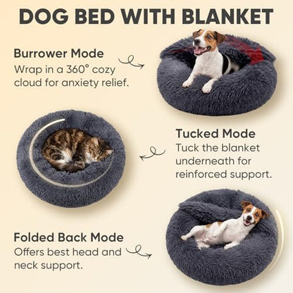 Himax Covered Medium Dog Bed with Blanket Attached Calming Burrow Deep Grey